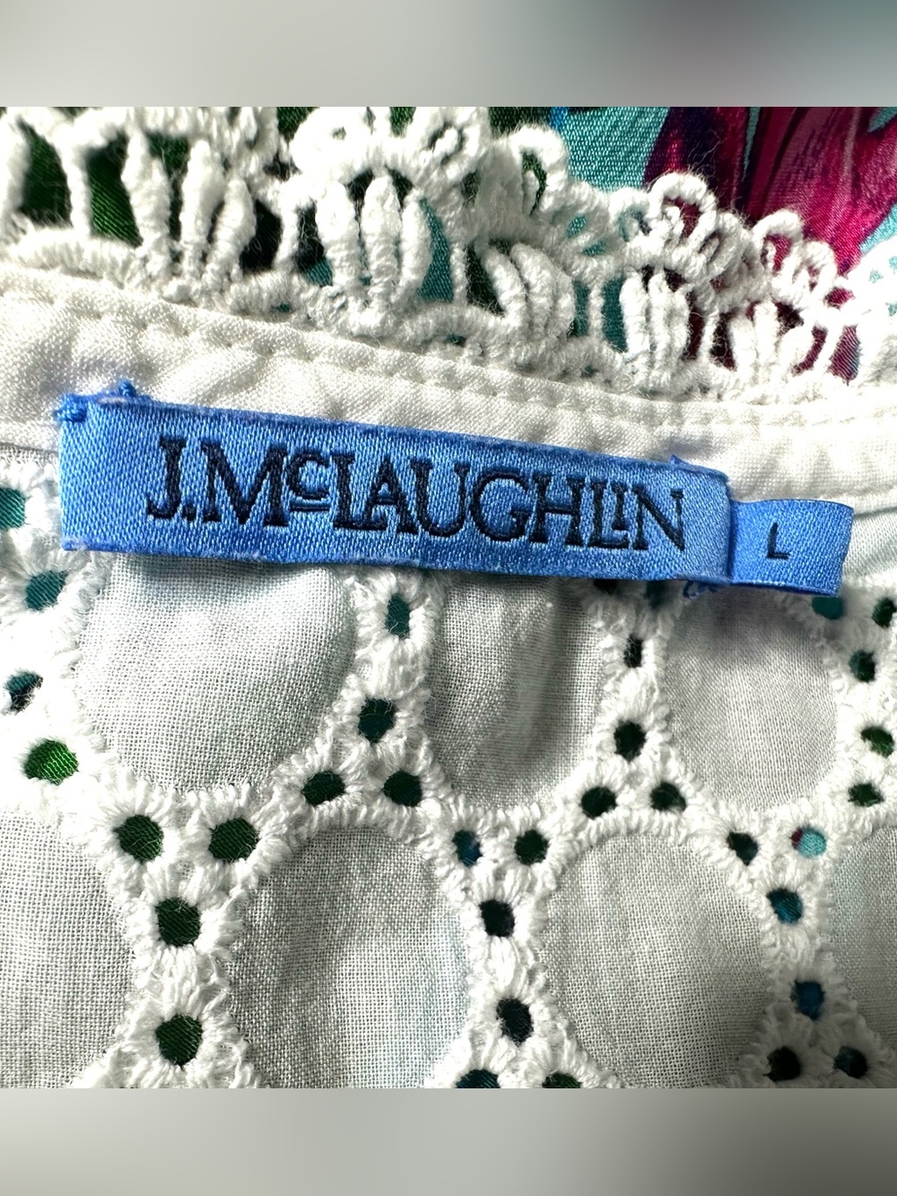 J.McLaughlin White Eyelet Lace Cotton Blouse L Pintuck Button Front Boho Cottage - Picture 9 of 11